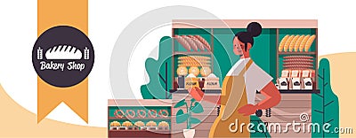 female baker in uniform selling fresh bakery products in baking shop portrait Vector Illustration