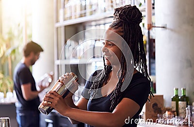 Female Bartender Mixing Cocktail In Shaker Behind Bar Stock Photo