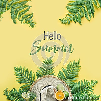 Female beach straw sunhat, citrics on yellow. Top view. Summer travel concept. Hello Summer Stock Photo