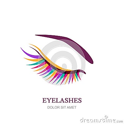 Female eye with colorful eyelashes. Vector logo, emblem design. Concept for beauty salon, cosmetics, visage and makeup. Vector Illustration