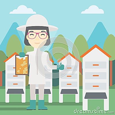 Female bee-keeper at apiary vector illustration. Vector Illustration