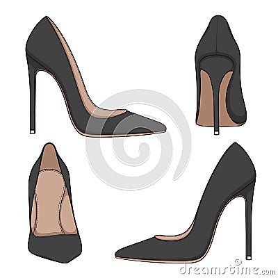 Female black classic shoes with heels. Set of vector color illustrations. Vector Illustration