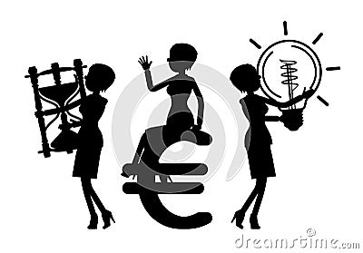 Female black silhouette, boss, businesswoman, office worker with euro Vector Illustration