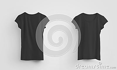 Female black t-shirt mockup, with shadows, front and back views, set for presentation of design and pattern Stock Photo