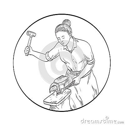 Female Blacksmith Farrier Working on Horseshoe Anvil Front View Comics Style Drawing Vector Illustration