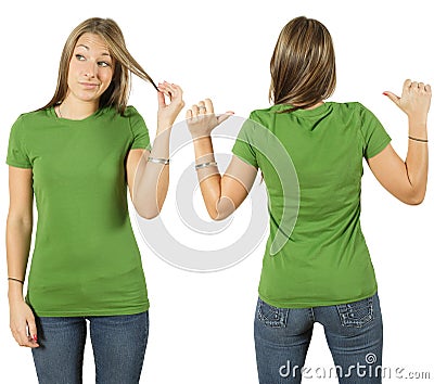 Female with blank green shirt Stock Photo