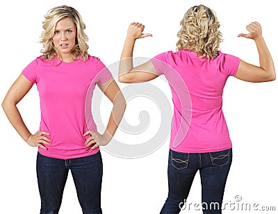 Female with blank pink shirt Stock Photo