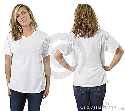 Female with blank white shirt Stock Photo