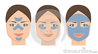 Female blue clay facial mask for cosmetic skin care. Spa Woman applying Facial cleansing Mask icon. Beauty Treatments icons Stock Photo