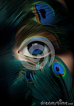 Female blue eye close up with similar Peacock feathers. Stock Photo