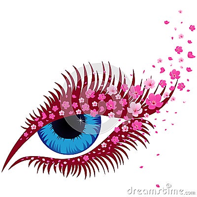 Female blue eye with small pink sakura flowers Vector Illustration