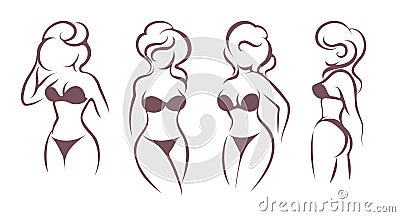 Female Body Stilyzed Silhouette in Lingerie Monochrome Emblem Set Cartoon Illustration