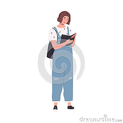 Female book fan reading literature. Young woman standing with novel in hands. Excited bookworm. Student with textbook Vector Illustration