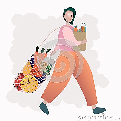 Female bought vegetables, fruits, and a mask Vector Illustration