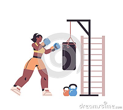 Female boxer doing exercises with punching bag training healthy lifestyle boxing concept Vector Illustration