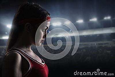 Female boxer in red sportswear, side view Stock Photo