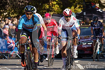 Female British Cyclist Racing in a Group in the Women`s Elite UCI Race Harrogate. Editorial Stock Photo