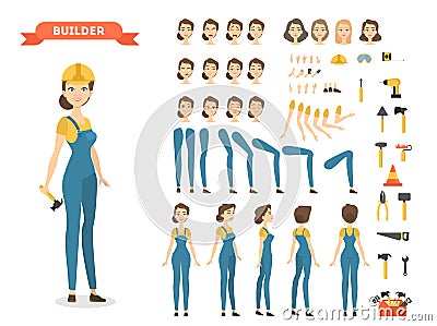 Female builder character set. Vector Illustration