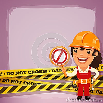 Female Builder With Danger Tapes Vector Illustration