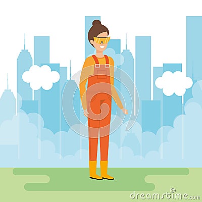 Female builder with goggles in the city Vector Illustration