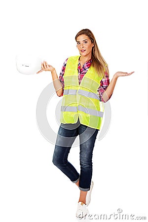 Female builder making do not know sign Stock Photo