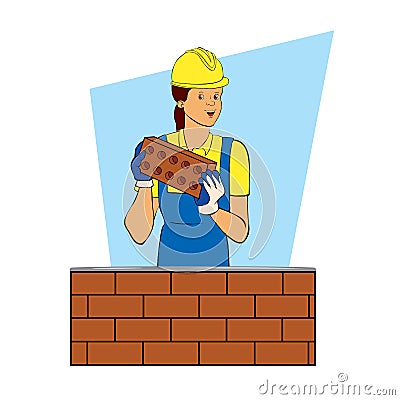A female builder is working as a bricklayer. Cartoon character. Color vector illustration. Flat style Cartoon Illustration