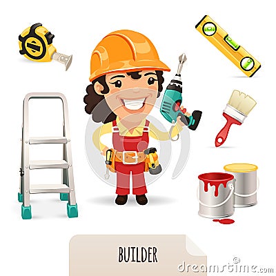 Female Builders Icons Set Vector Illustration