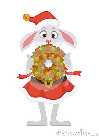 Female bunny in Christmas hat and skirt holds festive wreath Vector Illustration