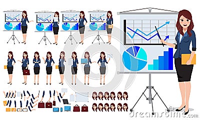 Female business character vector set. Office woman talking and showing business presentation Vector Illustration