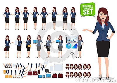 Female business character vector set. Office woman talking with various poses Vector Illustration