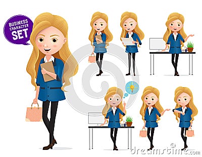 Female business vector characters set. Businesswoman character holding paper works and thinking ideas. Vector Illustration