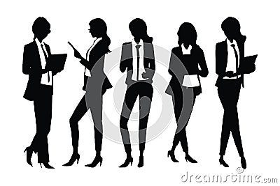 Female businessman and accountant silhouette set vector standing with tablets. Businesswomen with anonymous faces on a white Stock Photo