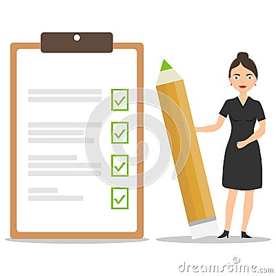 A female businessman holds a pencil with completed tasks and stamped notes. Execution of tasks and setting of green check marks fo Cartoon Illustration