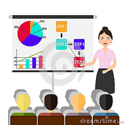 A female businessman holds a seminar with a pointer Vector Illustration