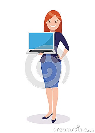 A female businessman shows a laptop. Vector illustration Vector Illustration