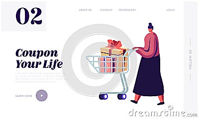 Female Buyer Shopping, Seasonal Sale, Discount Website Landing Page. Girl Pushing Trolley with Purchases and Gift Boxes Vector Illustration