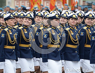 Female cadets of the Military Academy of Aerospace defense and The military space Academy named after Mozhaisk during the parade o Editorial Stock Photo
