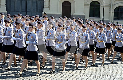 Female cadets of the Moscow University of the Ministry of internal Affairs of Russia at the dress rehearsal of the parade on red s Editorial Stock Photo
