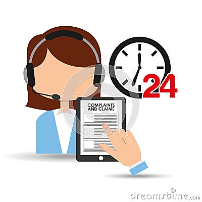 Female call center 24 clock service complaints claims Vector Illustration