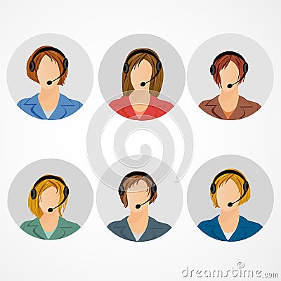 Female call center operator icon set - woman in headphones avatar collection. Customer support, client services, phone Vector Illustration