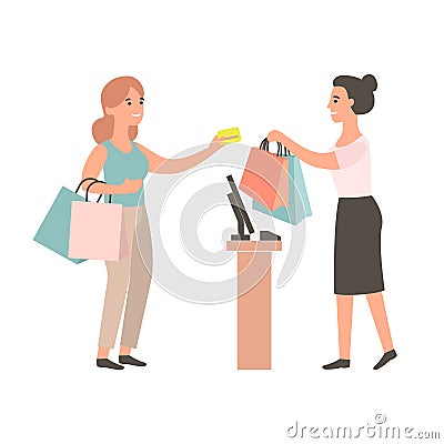 Female cashier gives purchase to the buyer. Stock Photo