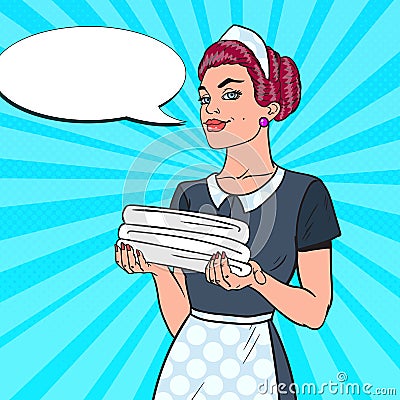 Female Chambermaid with Clean White Towels. Hotel Room Service. Pop Art illustration Vector Illustration