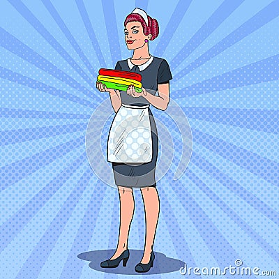 Female Chambermaid Holding Clean Towels. Hotel Cleaning Service. Pop Art illustration Vector Illustration
