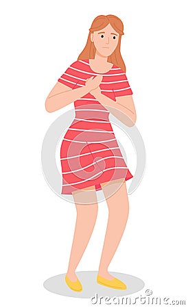 Female character complains of a chest pain, shows a hand on a place on the body that hurts Vector Illustration