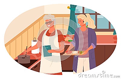 Senior Woman and Adult Lady Cooking in Kitchen Vector Illustration