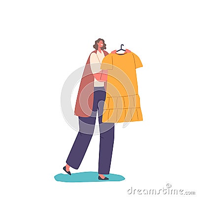 Female Character Holding Hanger with Dress Isolated on White Background. Woman Try on, Buying or Donate Clothes Stock Photo
