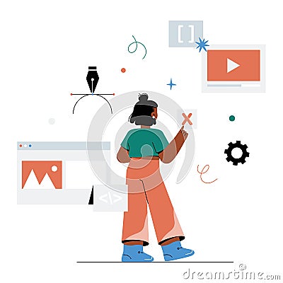 Female Web Designer Editing Digital Content in Flat Vector Illustration Symbolizing Web Development, UI Design, and Vector Illustration