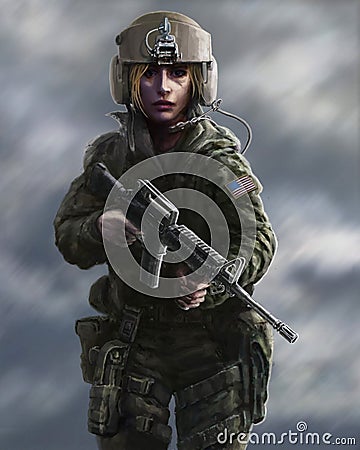 Female character in military uniform and helmet pilot with weapon. Drawing illustration. Cartoon Illustration