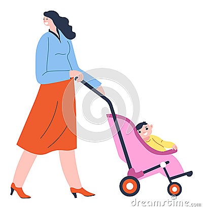 Woman pushing perambulator with small child in it Vector Illustration