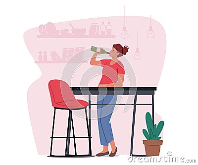 Female Character Pour Alco Drink into Mouth. Woman Stand at Kitchen Desk Drinking Wine from Bottle at Home, Alcoholism Vector Illustration